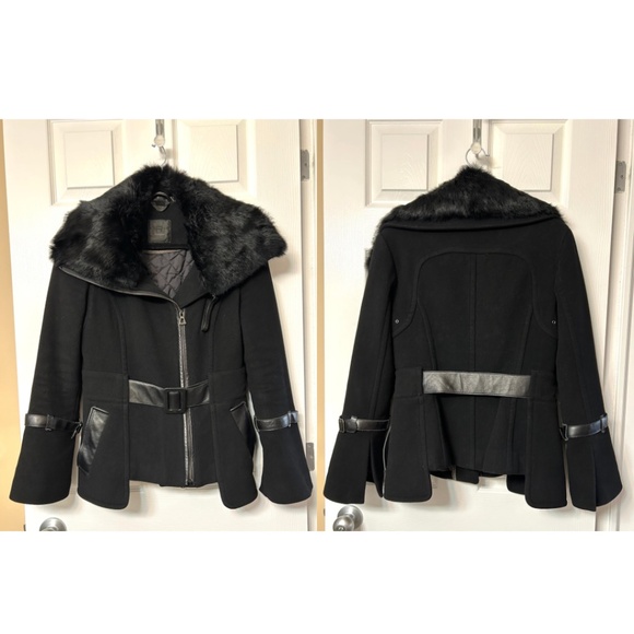 Rudsak Fitted Cropped Wool Jacket Leather Trim Bell Sleeves Black Size S - Picture 9 of 17